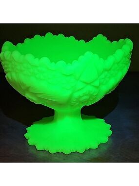 Fenton Uranium Green Lime Sherbet Satin Compote Candy Dish Geiger Checked